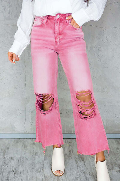 Women's High Waist Ripped Jeans Pink Denim Distressed Raw Hem 100